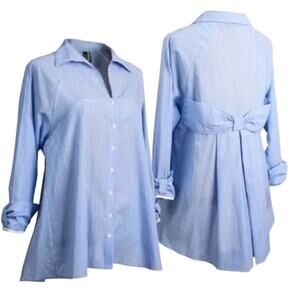 Ravel Blue and White Checkered Button Down Shirt with Bow on Back Large NWT